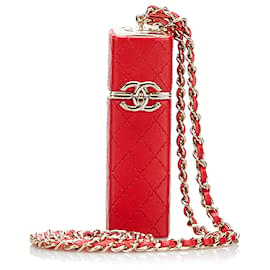 Chanel-Étui à rouge à lèvres carré en cuir d'agneau rouge CC Chanel sur chaîne-Rouge