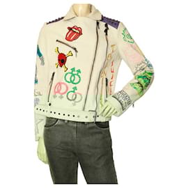 Autre Marque-Forziere White Leather Multicolor Studded Perfecto Dragon Biker Jacket size S-Multiple colors