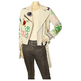 Autre Marque-Forziere White Leather Multicolor Studded Perfecto Dragon Biker Jacket size S-Multiple colors