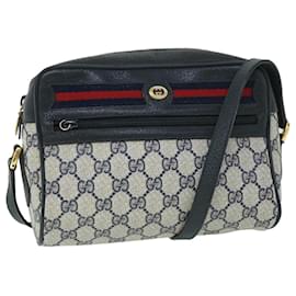 Gucci-GUCCI GG Canvas Sherry Line Shoulder Bag Gray Red Navy 119.02.087 auth 54792-Red,Grey,Navy blue