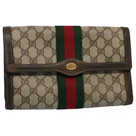 Gucci-GUCCI GG Toile Web Sherry Line Pochette Beige Rouge 41 014 3087 25 Auth yk8666-Rouge,Beige