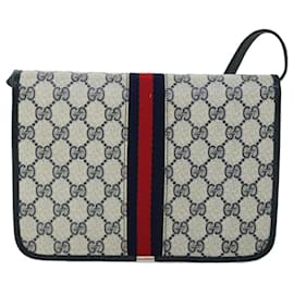 Gucci-GUCCI GG Canvas Sherry Line Shoulder Bag PVC Leather Gray Red Navy Auth yk8588-Red,Grey,Navy blue