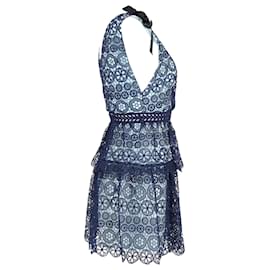 Self portrait-Self-Portrait Tiered Bow-Detailed Mini Dress in Blue Polyester Guipure Lace -Blue,Navy blue