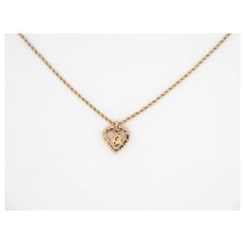 Christian Dior-COLLIER CHRISTIAN DIOR PENDENTIF COEUR LOGO & STRASS 35-40 METAL NECKLACE-Doré