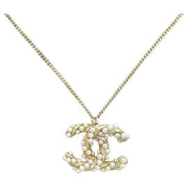 Chanel-COLLIER CHANEL LOGO CC ENTRECALE ET PERLES 40/60 METAL DORE GOLDEN NECKLACE-Doré