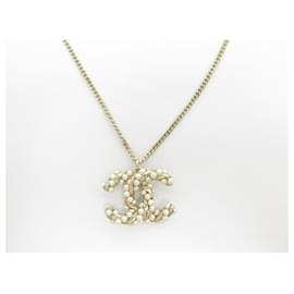 Chanel-COLLIER CHANEL LOGO CC ENTRECALE ET PERLES 40/60 METAL DORE GOLDEN NECKLACE-Doré