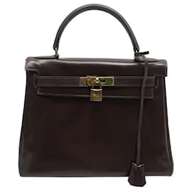 Hermès-VINTAGE HERMES KELLY HANDBAG 28 RETURNS IN BROWN BOX LEATHER 1970 LEATHER BAG-Brown