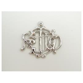Christian Dior-NEUF BROCHE DIOR LOGO & STRASS METAL ARGENTE STEEL SILVERED BROOCH-Argenté
