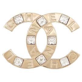 Chanel-NEUF BROCHE CHANEL LOGO CC ET STRASS EN METAL DORE BOITE POCHON GOLD BROOCH-Doré
