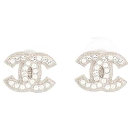Chanel-NEUF BOUCLES D'OREILLES CHANEL LOGO CC & STRASS METAL NEW STEEL EARRINGS-Argenté