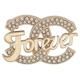Chanel-NEUF BROCHE CHANEL LOGO CC FOREVER EN METAL DORE & STRASS STEEL BROOCH-Doré