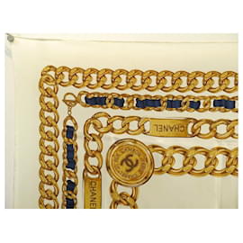 Chanel-CHANEL SCARF WITH SQUARE CHAINS AND MEDALLIONS 90 IN GOLDEN BEIGE SILK SCARF-Beige