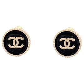 Chanel-NEUF BOUCLES D'OREILLES CHANEL LOGO CC RONDES PUCE METAL DORE EARRING-Doré