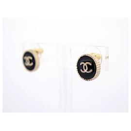 Chanel-NEUF BOUCLES D'OREILLES CHANEL LOGO CC RONDES PUCE METAL DORE EARRING-Doré