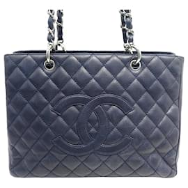 Chanel-CHANEL SHOPPING LOGO CC BOLSA CAVIAR COURO AZUL MARINHO BOLSA DE MÃO-Azul marinho