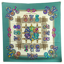 Hermès-FOULARD HERMES LES RUBANS DU CHEVAL JOACHIM METZ CARRE 90 SOIE SILK SCARF-Turquoise