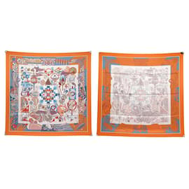 Hermès-NEW HERMES SCARF FROM L'OMBRELLE TO DUELS lined FACE MARIE 90 SILK SCARF-Orange