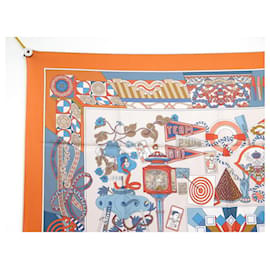 Hermès-NEW HERMES SCARF FROM L'OMBRELLE TO DUELS lined FACE MARIE 90 SILK SCARF-Orange