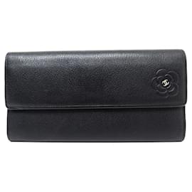 Chanel-CHANEL CAMELIA WALLET CC LOGO BLACK SEEDED LEATHER LEATHER WALLET-Black