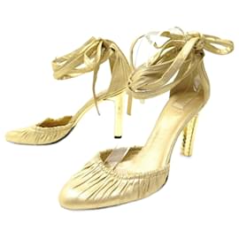 Gucci-NEW GUCCI SHOES 136263 PUMPS WITH STRAPS 40  GOLD LEATHER SHOES-Golden
