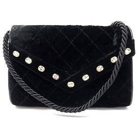 BORSA A TRACOLLA VINTAGE CHANEL IN VELLUTO TRAPUNTATO NERO CON STRASS Nero