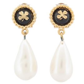VINTAGE BOUCLES D'OREILLES CHANEL TREFLES & PERLES PENDANTES DORE EARRINGS Doré