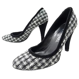 Chanel-CHANEL SHOES PUMPS 39 IN GRAY TWEED CANVAS + GRAY SHOES BOX-Grey