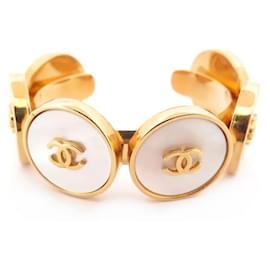 Chanel-VINTAGE CHANEL BRACELET CC LOGO CUFF MOTHER-OF-PEARL VICTORY DE CASTELANNE 1989 CUFF-Golden