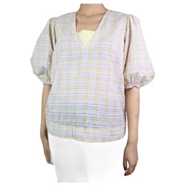 Ganni-Multicoloured puff short-sleeved check top - size EU 38-Multiple colors