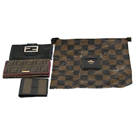Fendi-FENDI Zucca Zucchino Canvas Pouch Wallet Canvas 4Set Brown Black Auth bs8399-Brown,Black