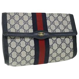 Gucci-GUCCI GG Canvas Sherry Line Pochette PVC Pelle Navy Red Auth 54774-Rosso,Blu navy