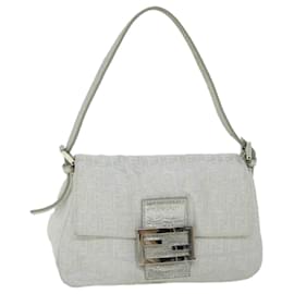 Fendi-FENDI Zucchino Canvas Mamma Baguette Shoulder Bag Silver Auth hk852-Silvery