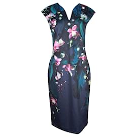 Autre Marque-Ted Baker Dark Blue Floral Print with Deep V- Neckline-Blue,Navy blue
