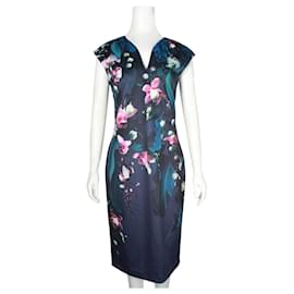 Autre Marque-Ted Baker Dark Blue Floral Print with Deep V- Neckline-Blue,Navy blue