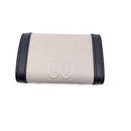 Gucci-White Black Monogram Leather Wonka 6 Key Case Holder Pouch-White