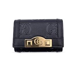 Gucci-Black Monogram Leather Wonka 6 Key Case Holder Pouch-Black