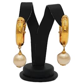 Chanel-Chanel Vintage Coco White Pearl Hoop Earrings-Golden