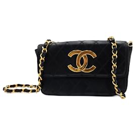 Chanel-Chanel Timeless Vintage Black Leather Large Gold Charm Small Party Evening Flap Shoulder Bag-Black
