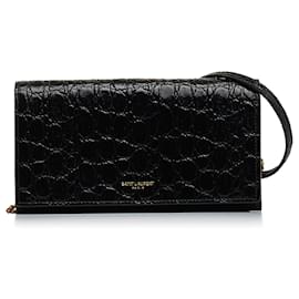 Saint Laurent-Cartera Saint Laurent de piel con relieve de cocodrilo negro y cadena-Negro