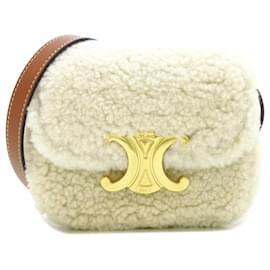 Céline-Celine White Mini Shearling Triomphe Shoulder Bag-White,Other