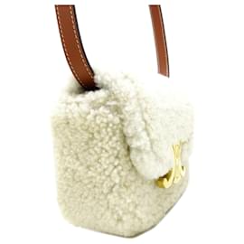 Céline-Celine White Mini Shearling Triomphe Shoulder Bag-White,Other