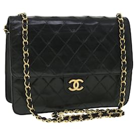 Chanel-CHANEL Chain Matelasse Shoulder Bag Lamb Skin Black CC Auth 54996-Black