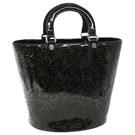 Chanel-CHANEL COCO Mark Punching Hand Bag Patent leather Black CC Auth 54999-Black