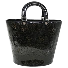 Chanel-CHANEL COCO Mark Punching Hand Bag Patent leather Black CC Auth 54999-Black