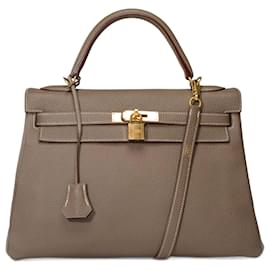 Hermès-Sac HERMES Kelly 32 en Cuir Étoupe - 101479-Taupe
