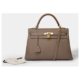 Hermès-Sac HERMES Kelly 32 en Cuir Étoupe - 101479-Taupe