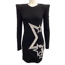 Balmain-Balmain Black Long Sleeve Body Con Dress with Crystal Star Embellishments-Black