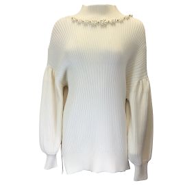 Simone Rocha Elfenbeinfarbener, mit Perlen und Strasssteinen verzierter langärmliger Rippstrickpullover Roh