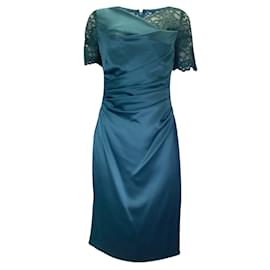 Autre Marque-Talbot Runhof Korfu Teal Ruched Lace Detail Satin Midi Dress-Blue
