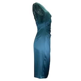 Autre Marque-Talbot Runhof Korfu Vestido midi de satén con detalle de encaje fruncido en verde azulado-Azul